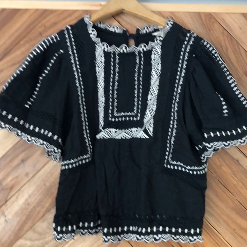 Rebecca Taylor BoHo black white embroidery cropped blouse size 0
